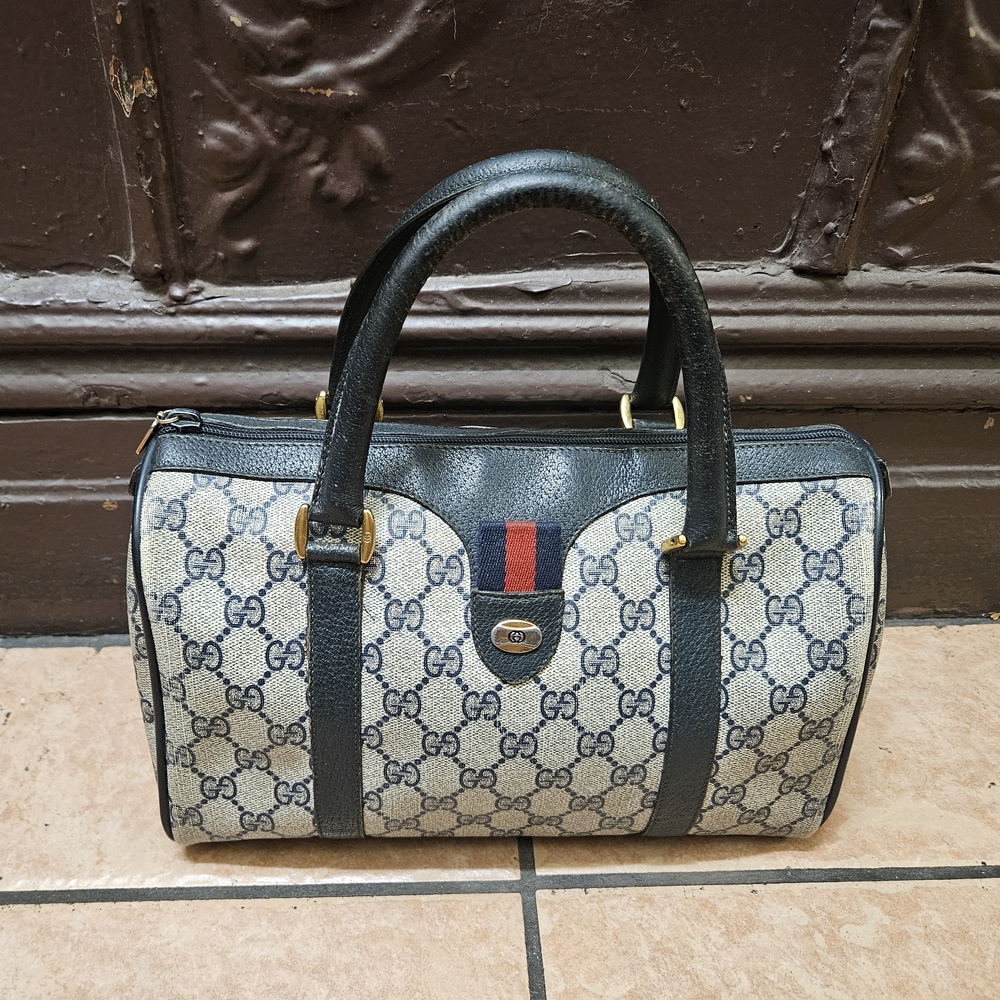 Gucci Monogramed Boston Bag Authentic Vintage Striking Gucci Striped